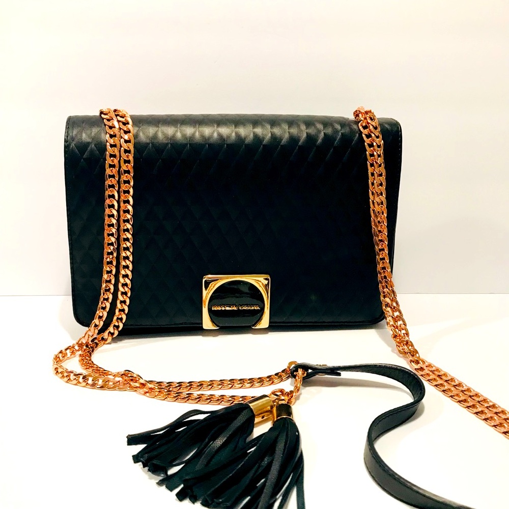 Hannibal Laguna Black Quilted Leather Bronze Metal Chain Straps